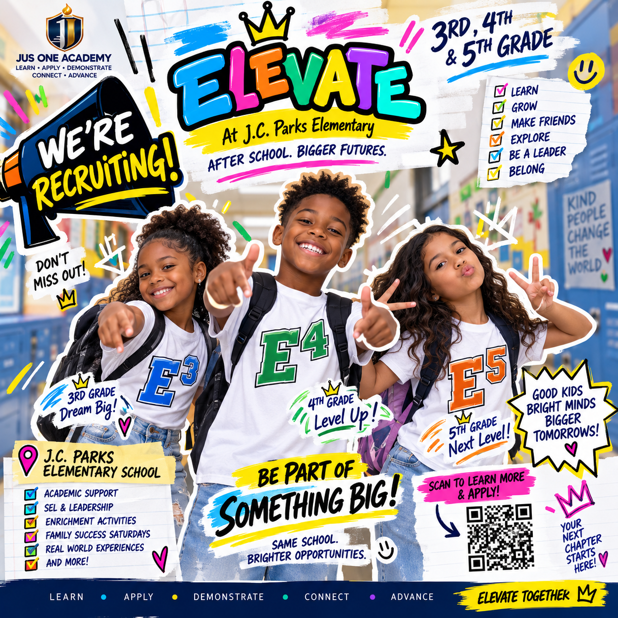 ELEVATE recruitment flyer with diverse elementary students